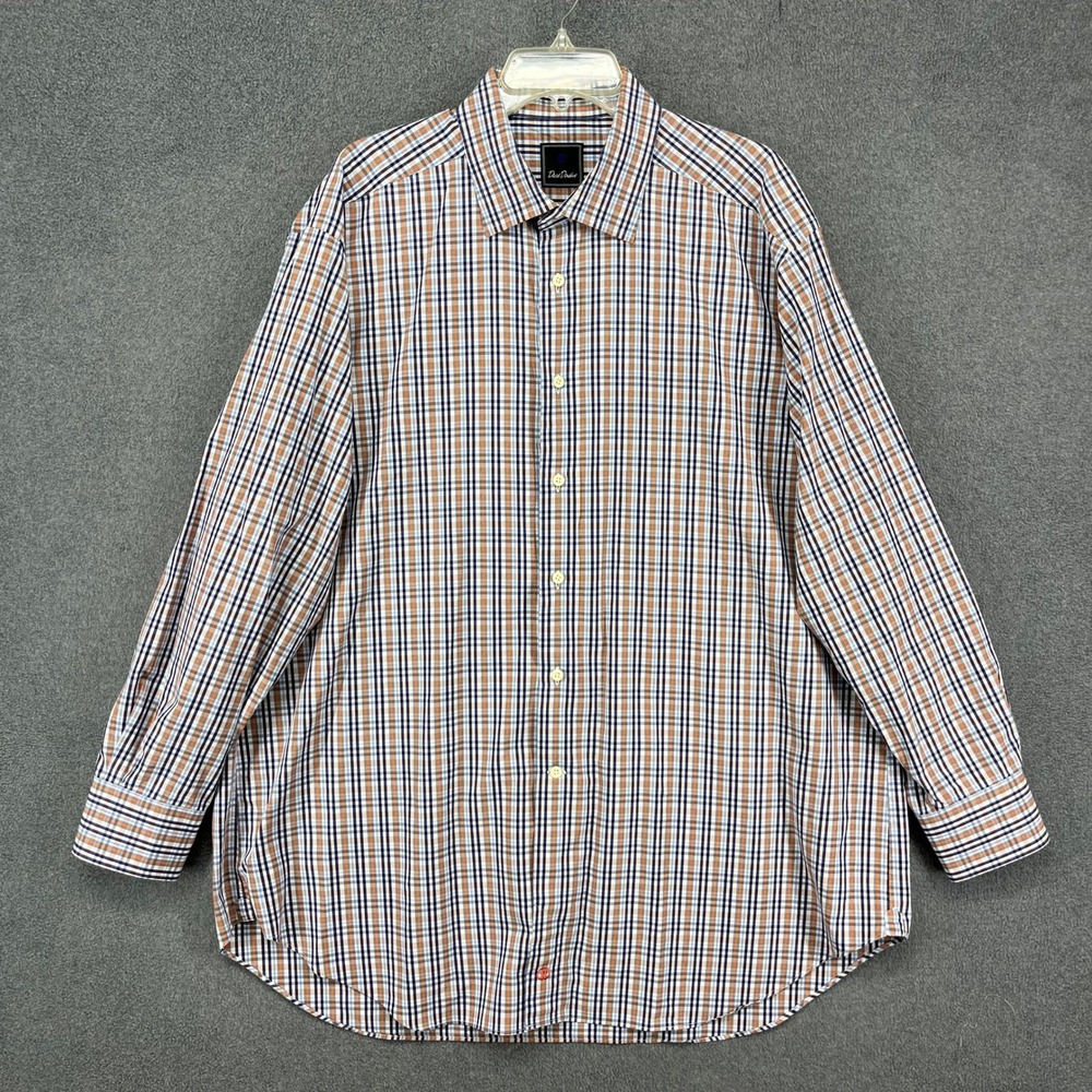 David Donahue Button Down Shirt Mens 18.5 34/35 Blue Orange Plaid Cotton Dress